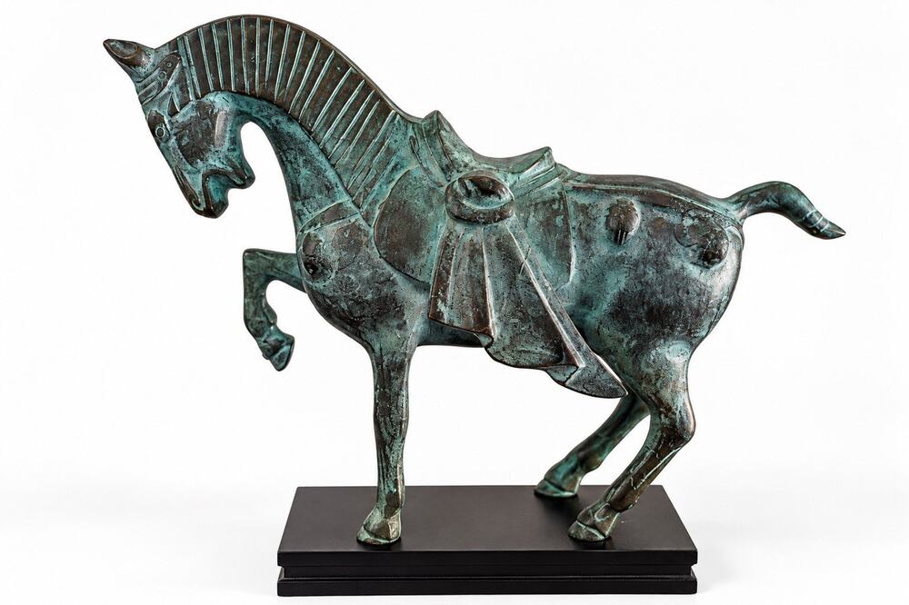 Vintage Green Bronze Metal Prancing Horse Statue Wood Base Made in Korea